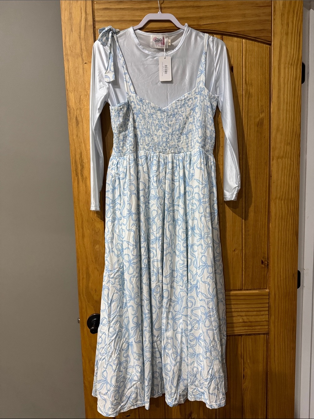 Light Blue and White Coquette Bow Print Midi Dress with Smocked Bodice S NWT